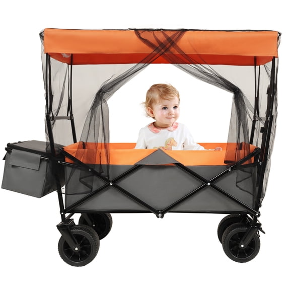 480Lbs Collapsible Wagon with Canopy,Wagon Stroller with 7" All-Terrain Wheels, Lightweight Foldable Wagon, Large Capacity for Camping, Shopping, Sports, and Garden Use,orange with mosquito net