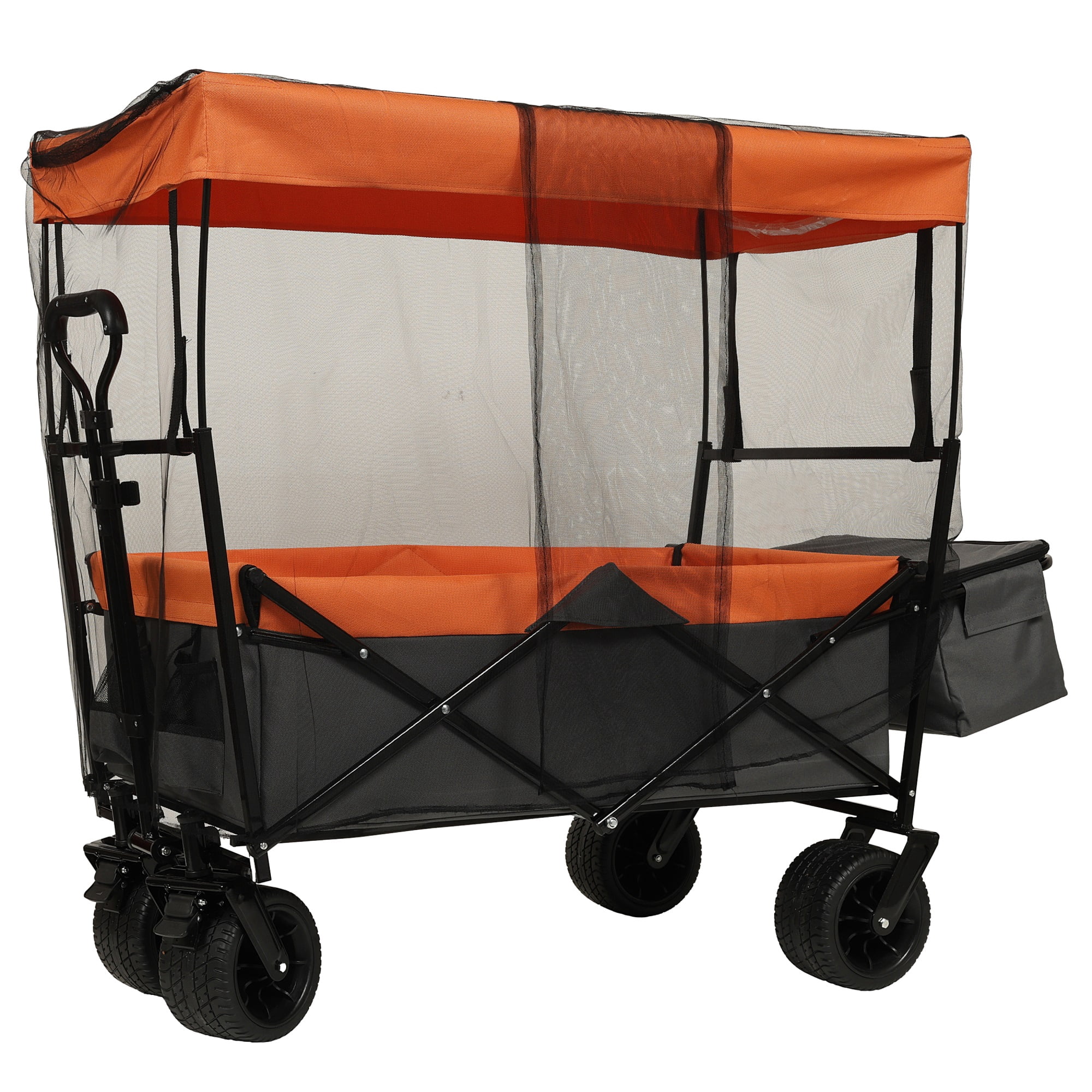 480Lbs Collapsible Wagon With Canopy,Wagon Stroller With 7" All-Terrain Wheels, Lightweight Foldable Wagon, Large Capacity For Camping, Shopping, Sports, And Garden Use,orange With Mosquito Net