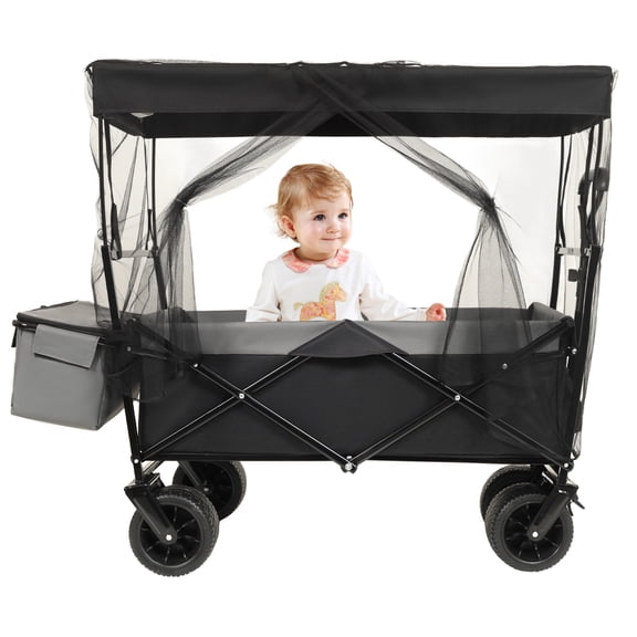 480Lbs Collapsible Wagon Cart, Extended Utility Garden Cart with 7" All-Terrain Wheels, Heavy Duty Folding Beach Wagon with Drink Holders, Side Pocket and Brakes, mosquito net, Black