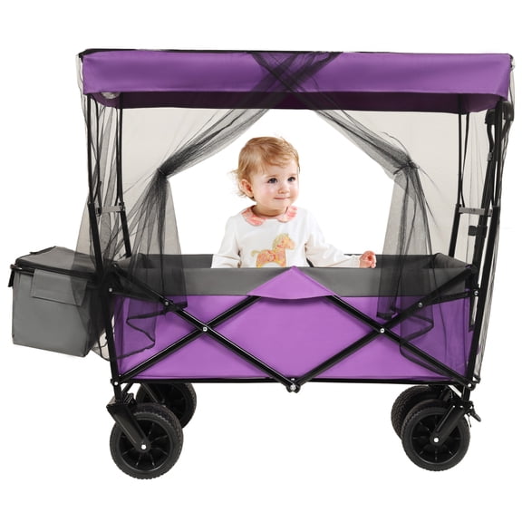 480Lbs Collapsible Wagon with Canopy and Mosquito Net, Heavy Duty Foldable Garden Cart with 7 All-Terrain Wheels for Camping Shopping Sports, Purple