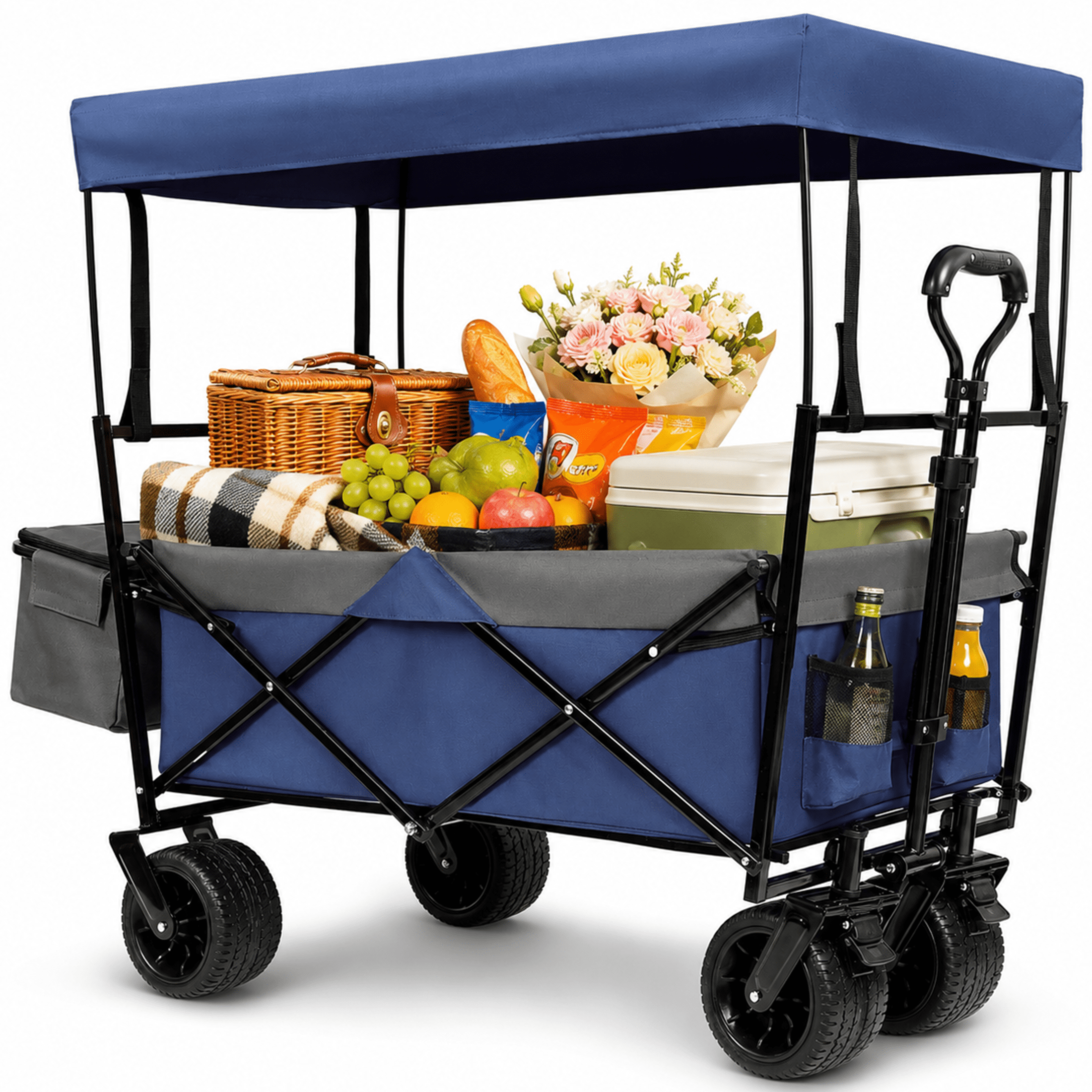 480 lbs Collapsible Wagon with Canopy & Mosquito Net, Heavy Duty Folding Wagon Stroller with 7"x4" All-Terrain Wheels, Cup Holders for Camping, Shopping, Dark Blue