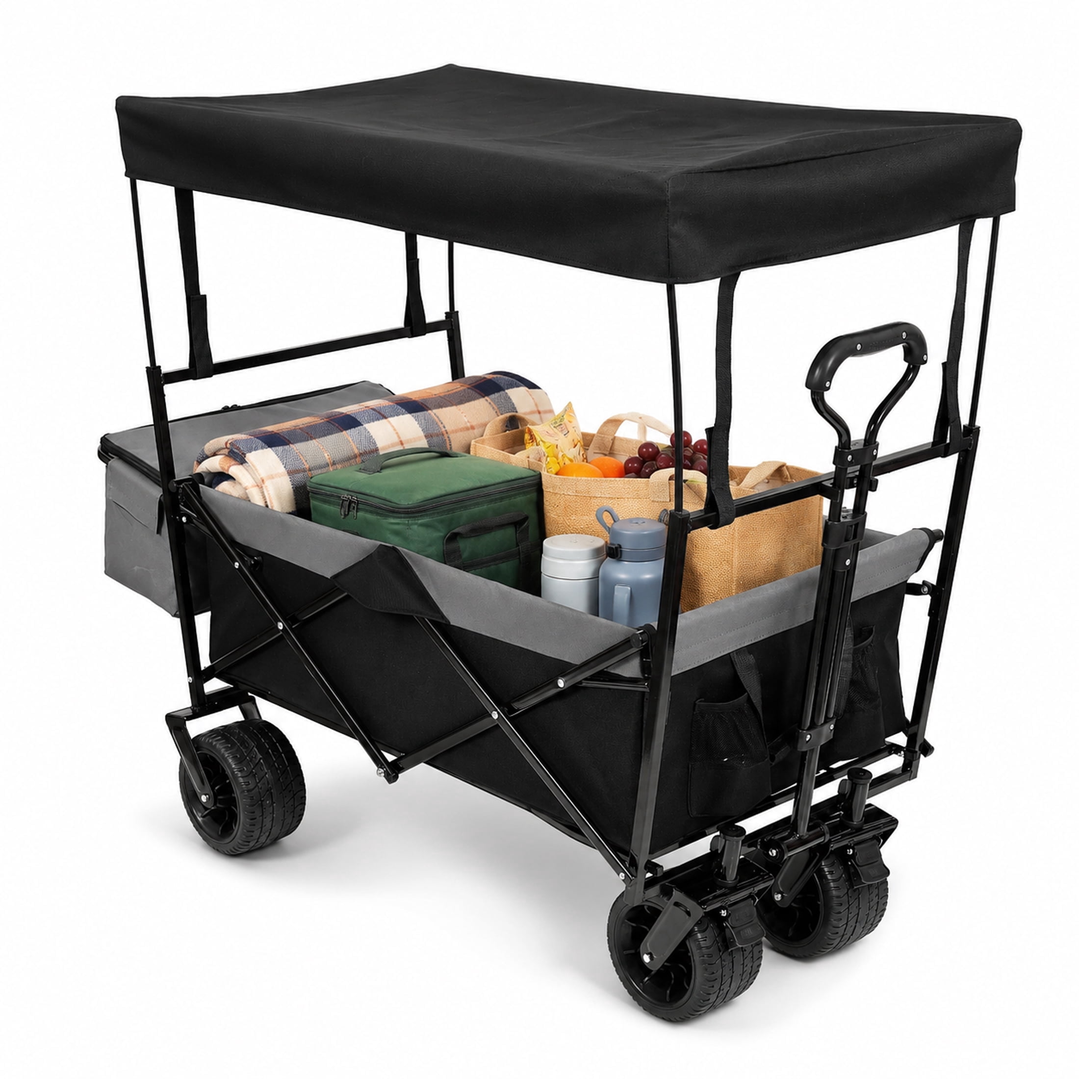 Heavy Duty Folding Wagon with Canopy, 480 lbs Collapsible Wagon Stroller with Mosquito Net, 7"x4" All-Terrain Wheels for Camping, Garden, Black