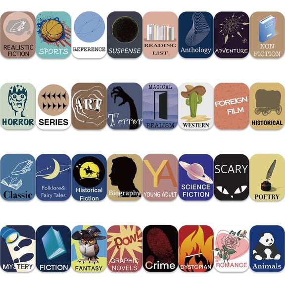 480PCS Library Genre Stickers,Book Spine Label for Library,Classroom Library Classification Labels,Fiction Fantasy Romance Historical Adventure Sports(32 Designs)