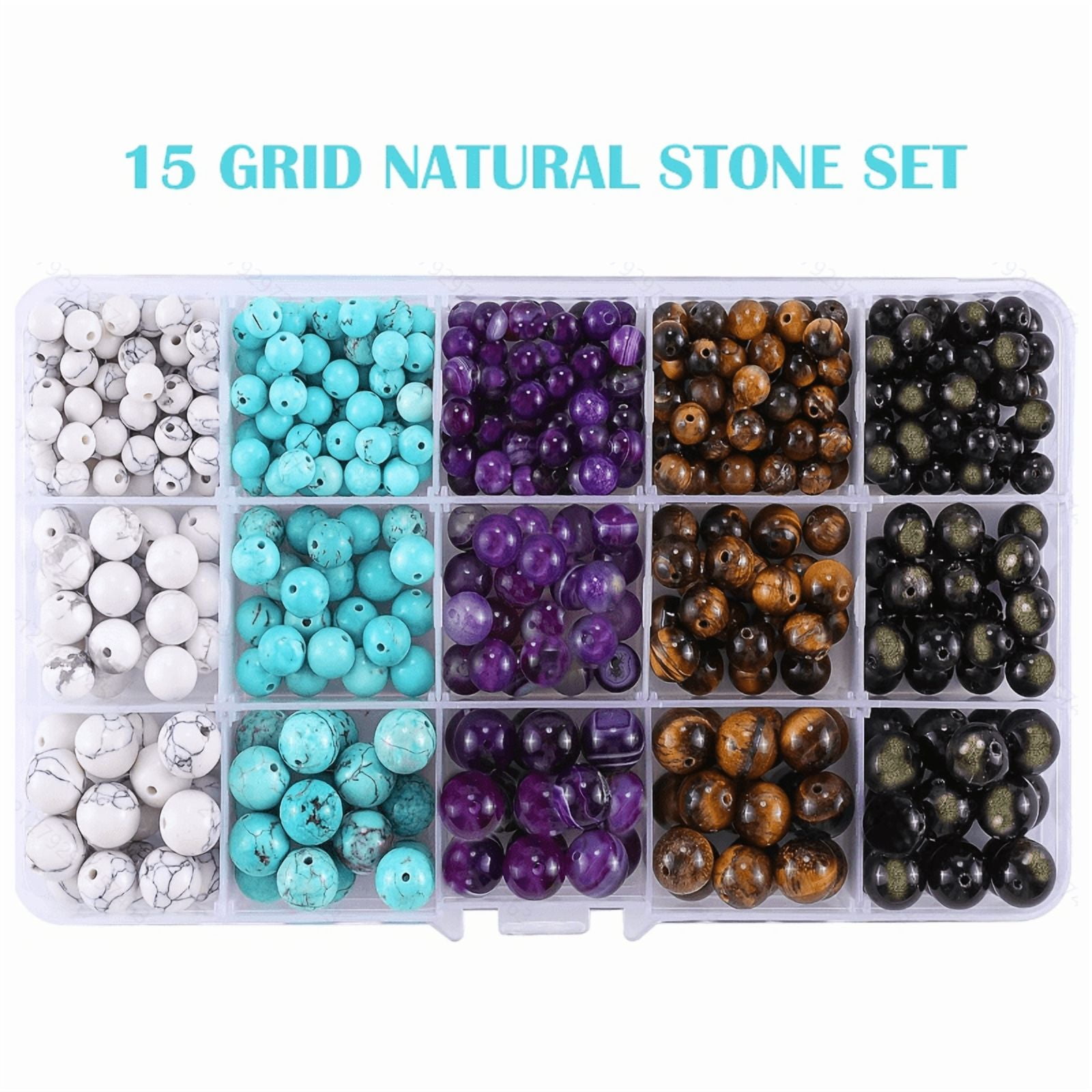 480Pcs 3 Sizes 5 Colors 15-Grid Natural Stone Beads - Universal DIY Jewelry & Gift Making Supplies