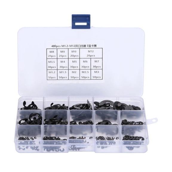 480Pcs Retaining Ring Circlip Washer Black M1.2-M12 E Type Clip Fastener Hardware Accessories