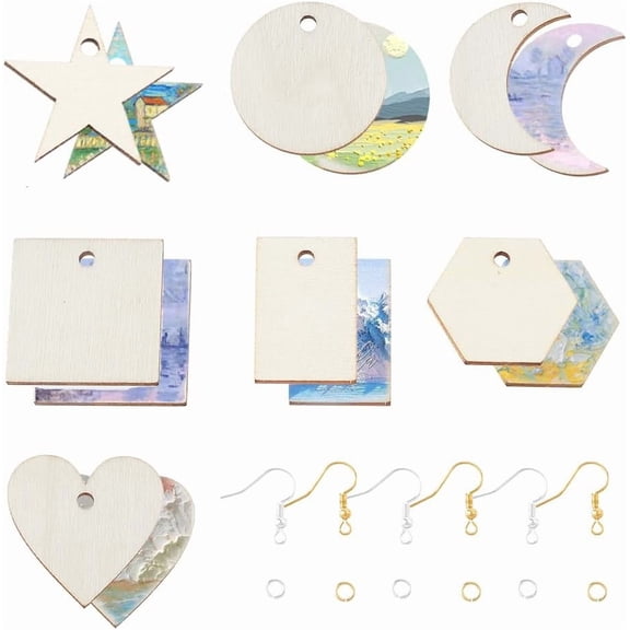 480Pcs Wood Charms Jump Rings Earrings Making Starter Kit Unfinished Wood Blanks Wooden Blank Charms Earring Hooks Round Pieces Square Heart Moon Star Charms DIY