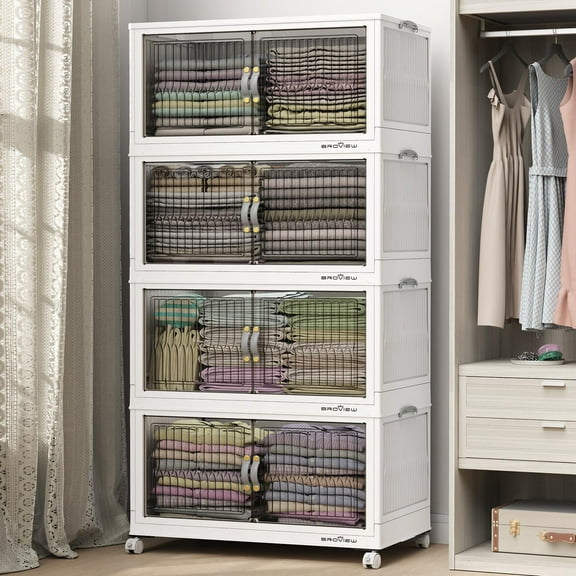 BROVIEW 480Qt Stackable Storage Bins with Lid, Plastic Closet Organizers and Storage Drawer, Collapsible Storage Box with Wheels, Folding Storage Cabinet for Closet Clothes Organization, 4Pack White