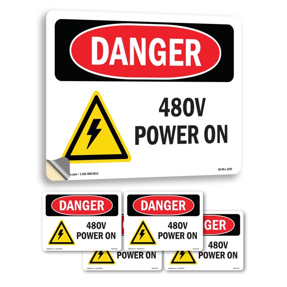 480V Power On OSHA Danger Vinyl Decal Label 18 Inch x 12 Inch - 5 Pack
