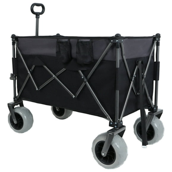 "480lb Capacity Heavy-Duty Folding Wagon Cart w/ 9" All-Terrain Balloon Wheels - 300L XL Cargo, Conquers Sand/Rough Terrain, Brakes & Storage | Black/Gray"
