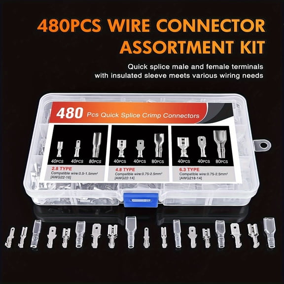 480pcs Insulated Male Female Spade Terminals Quick Splice Assortment Tin Plated Open Barrel Copper Crimp Wire Connectors For 22-14 Ga Electrical Wiring Car Audio Speaker, Without Battery