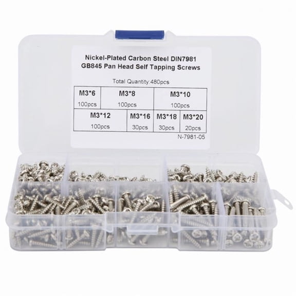 480pcs M3x6/8/10/12/16/18/20 Carbon Steel Self-Tapping Screw Phillips Cross Round Pan Head Screw