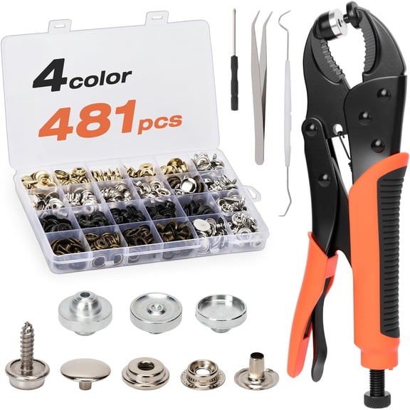 481 PCS Heavy Duty Snap Fastener Tool Adjustable Snap Button Kit with 125 Set 4Color Metal Snaps Buttons Snaps for Fabric, Boat Cover, Canvas tarp, Leather, Clothing