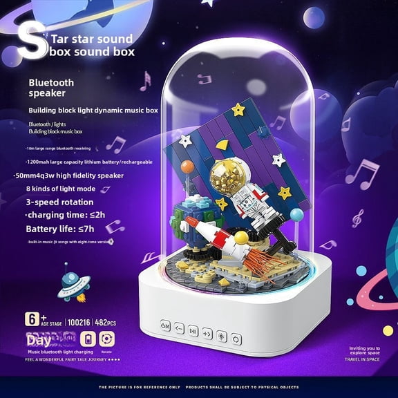 482PCS Rotating Space Astronaut Building Block Music Box, Bluetooth LED Rechargeable Galaxy Decor Brick Model