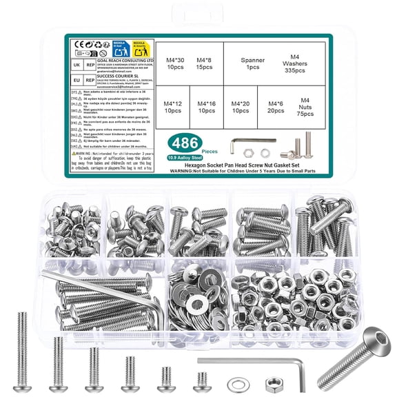 486 Pcs M4 Screws Assortment Kit Metric Nuts and Bolts Hex Socket Button Head Cap Screw Kits Set Machine with Spanner(Silver)