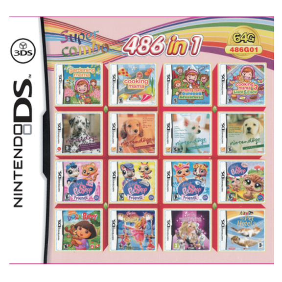 486-in-1 super combination NDS game card, US version of color box packaging. Collection of retro games