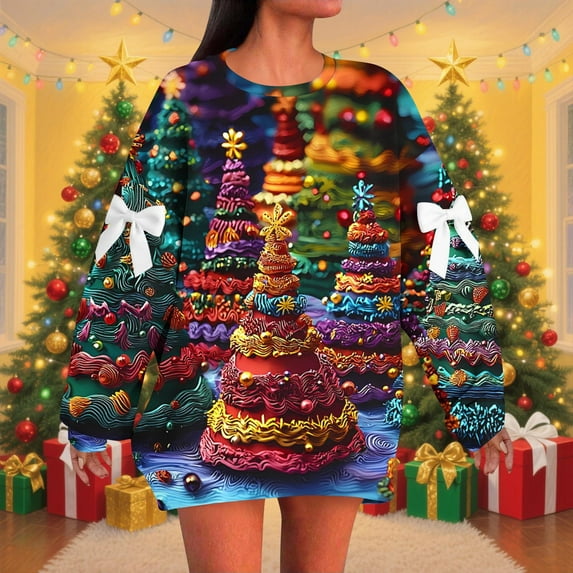 Generic Womens Christmas Print Sweatshirts Glitter Xmas Tree Graphic Long Sleeve Crewneck Shirt Casual Fall Winter Pullover