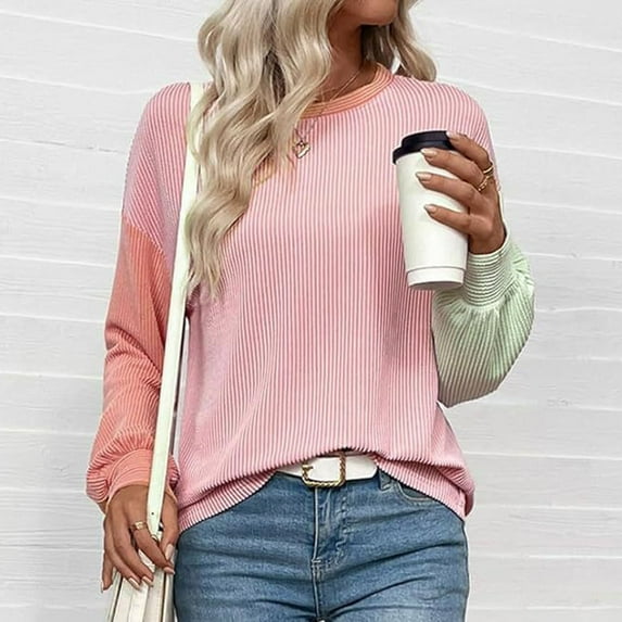 Generic Women's Oversized Sweatshirt Waffle Knit Color Block Crewneck Long Sleeve Casual Loose Pullover Sweatshirts Tops