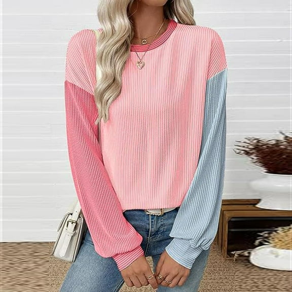 Generic Women's Oversized Sweatshirt Waffle Knit Color Block Crewneck Long Sleeve Casual Loose Pullover Sweatshirts Tops