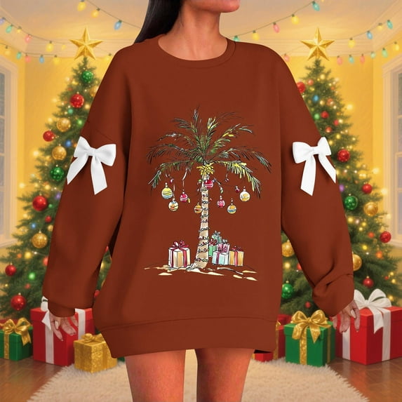 Generic Womens Christmas Print Sweatshirts Glitter Xmas Tree Graphic Long Sleeve Crewneck Shirt Casual Fall Winter Pullover
