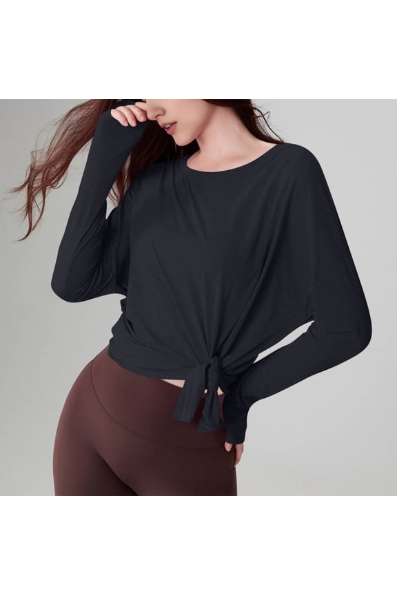 Women's Crewneck Long Sleeve Workout Sheer Top Side Split Tie Front Mesh Loose Training Running Yoga T-Shirt