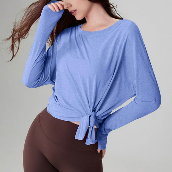 Generic Women's Crewneck Long Sleeve Workout Sheer Top Side Split Tie Front Mesh Loose Training Running Yoga T-Shirt