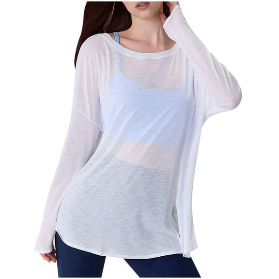 Generic Women's Crewneck Long Sleeve Workout Sheer Top Side Split Tie Front Mesh Loose Training Running Yoga T-Shirt