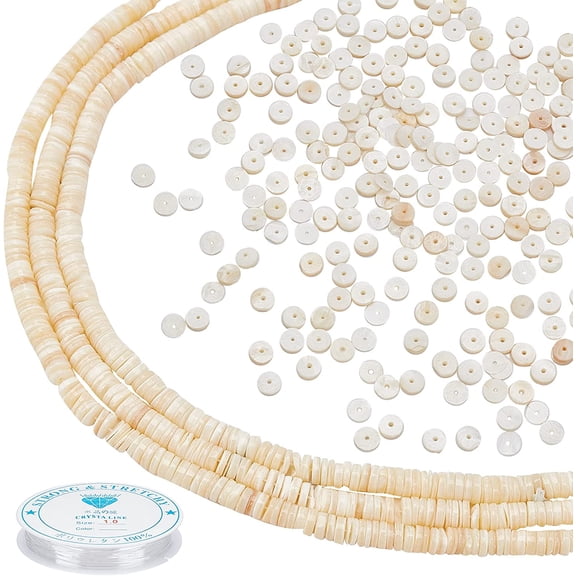 489~510pcs Natural Shell Beads 5~6mm Flat Disc Beads with 4.9 Yards Elastic Thread 1mm Beading String Work with Clay Beads for Friendship Bracelet Anklet Choker Natural Color