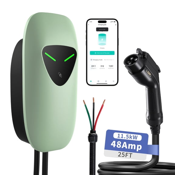 48Amp Level 2 EV Charger, 25ft Cable WiFi RFID J1772 Home Charging Station (Green)