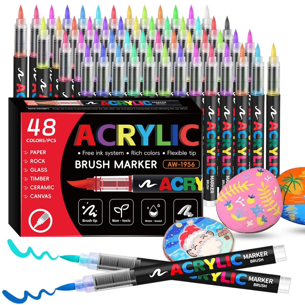 48Colors Acrylic Paint Markers,ANUNU Soft Brush Tip Acrylic Paint Markers,Quick-Drying Waterproof Acrylic Markers for Canvas, Rock Painting, Wood, Stone, Glass, Ceramic, Fabric Painting, DIY Crafts
