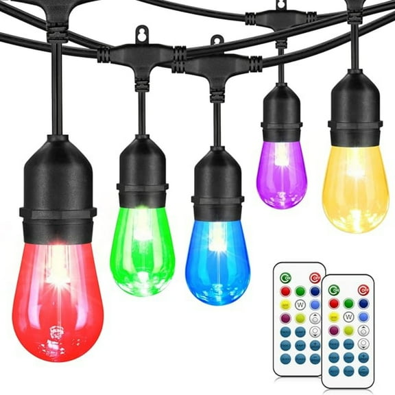 48FT Outdoor Patio Lights Waterproof Dimmable with Remote, RGB Cafe LED String Light with 15 Shatterproof Bulbs for Bistro Party-Black 1 Pack