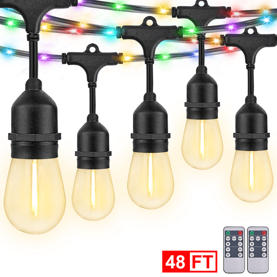 48FT Outdoor String Lights Patio Vintage Garden Yard Commercial Grade, Waterproof RGB String Light