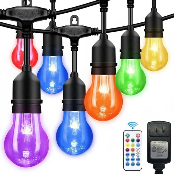 48FT RGB Outdoor String Lights, Dimmable Color Changing Waterproof LED Patio Lights with Remote & E26 Shatterproof Edison Bulbs for Bistro Backyard Garden Party Decor