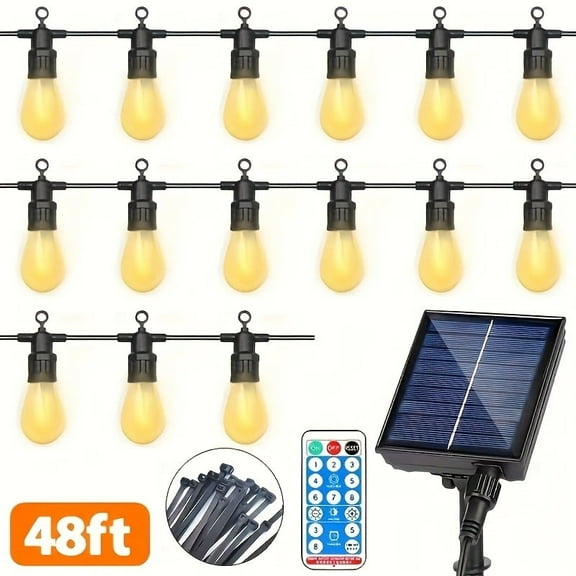 48FT Solar-Powered String with 15 lights,Patio Lights Solar Powered With Remote,Waterproof Outdoor Solar-Powered String Lights for Camping Backyard Garden