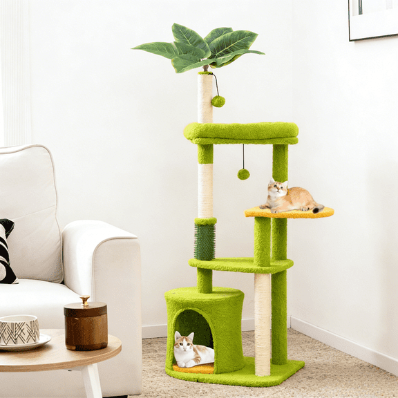 48In Cat Tree Tower Condo Tropical Leaves Self Groomer Scratching Posts Sisal Rope Multi Level Jump Platforms Indoor Climbing Activity Center Green Orange Small Apartment Space Saving Solid Base