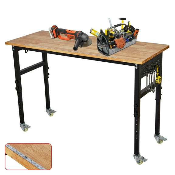 48In Work Bench,Workbench Adjustable 29.5" to 39.4" ,Heavy Duty Wood Work Table with Wheels for Garage Home Office,Black Steel