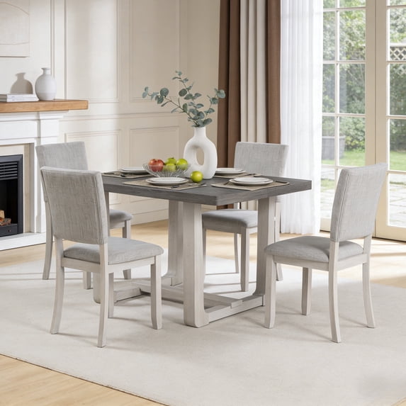 48Inch Kitchen Table 5-Piece Solid Wood Rectangular Dining Room Set with 4 Upholstered Chairs for Kitchen & Dining Room, Gray