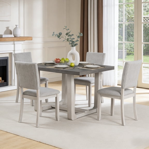 48Inch Kitchen Table 5-Piece Solid Wood Rectangular Dining Room Set with 4 Upholstered Chairs for Kitchen & Dining Room, Gray