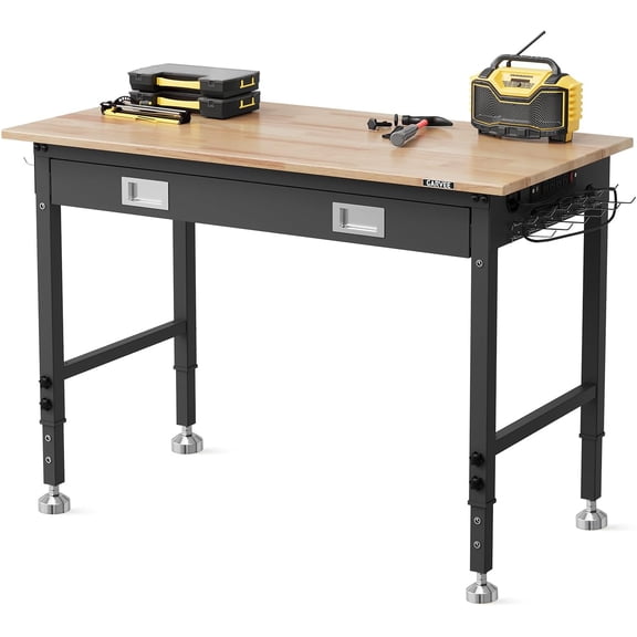 48Inx24In Height-Adjustable Workbench 2000lb Rubberwood Top with Drawer Pegboard and Power Outlets