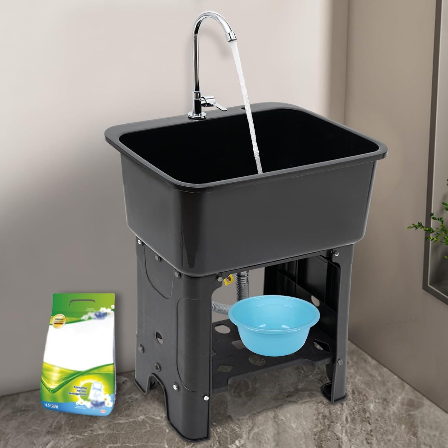 48L Modern Utility Sink Laundry Tub with Faucet & Washboard Freestanding Sink  Faucet Adjustable Angle 360° Load-Bearing Capacity 110.23lbs 23.62*15.75*30.12in for Restaurants, Laundries, Stores
