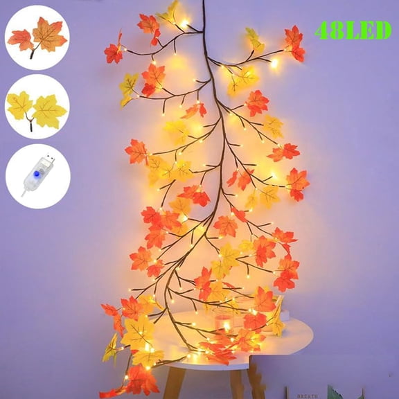 48LED 8 Lighting Modes Maple Leaf LED Tree Branch Lights for Wall, Maple Leaf Light Twig Decor Garland, Autumn Table Fireplace Porch Thanksgiving Indoor Decor 47in