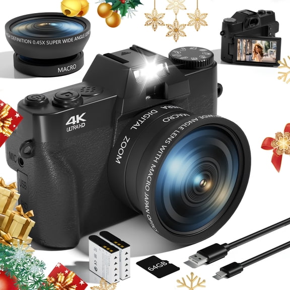 48MP 4K HD Digital Vlogging Camera - 3" 180 Flip Screen, 16X Zoom, Anti-Shake & Hybrid Autofocus, WiFi App Control, Wide-Angle/Macro Lens, 64GB TF Card + 2 Batteries for Social Media