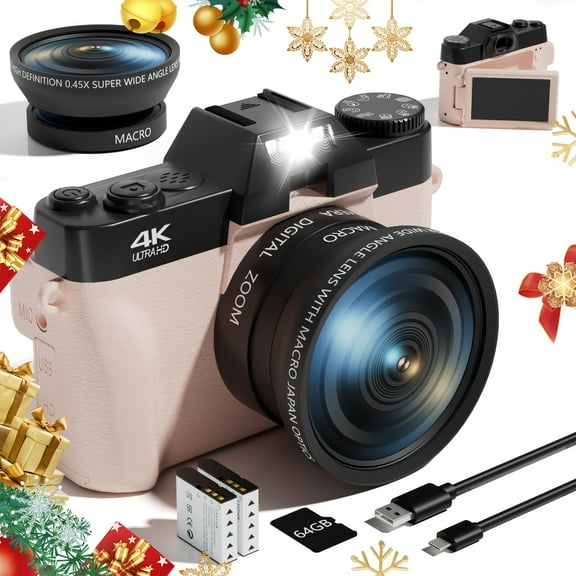 48MP 4K HD Digital Vlogging Camera - 3" 180 Flip Screen, 16X Zoom, Anti-Shake & Hybrid Autofocus, WiFi App Control, Wide-Angle/Macro Lens, 64GB TF Card + 2 Batteries for Social Media