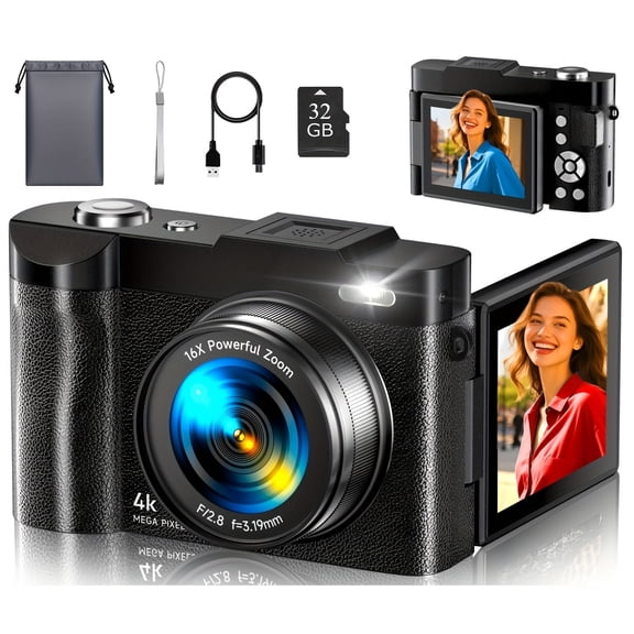 48MP 4K Vlogging Camera with Flip Screen, Auto Focus, 16X Zoom, Anti-Shake & Built-in Flash, Includes 32GB Card, Ultra HD Compact Camera for Beginners