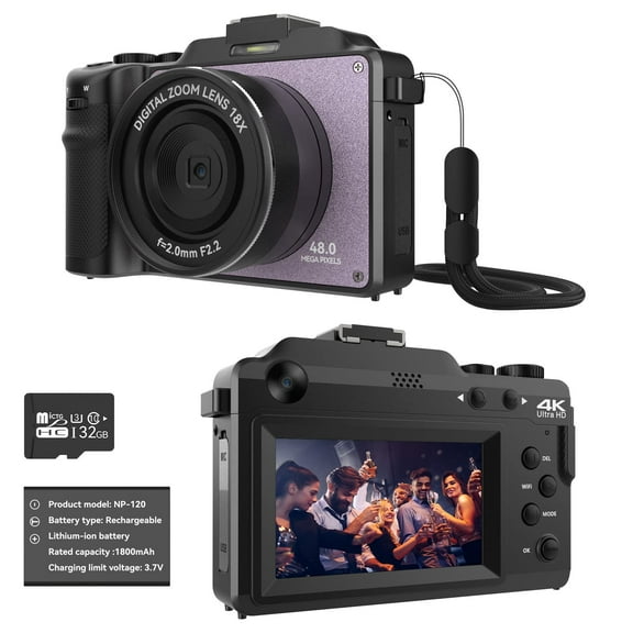 48MP Camera for Photography,4K Digital Camera for Kids and Adults with Front and Rear Dual Cameras,18X Digital Zoom,Built-in 7 Color Filters,32GB TF Card,Rechargeable Battery(Lilac Violet)
