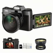 48MP Digital Camera for Photography,4K Vlogging Camera,Digital Camera for Kids and Adults with 180  Flip Screen,Wide-Angle Lens,Macro Lens,32 GB Micro Card,2 BatteriesBlack