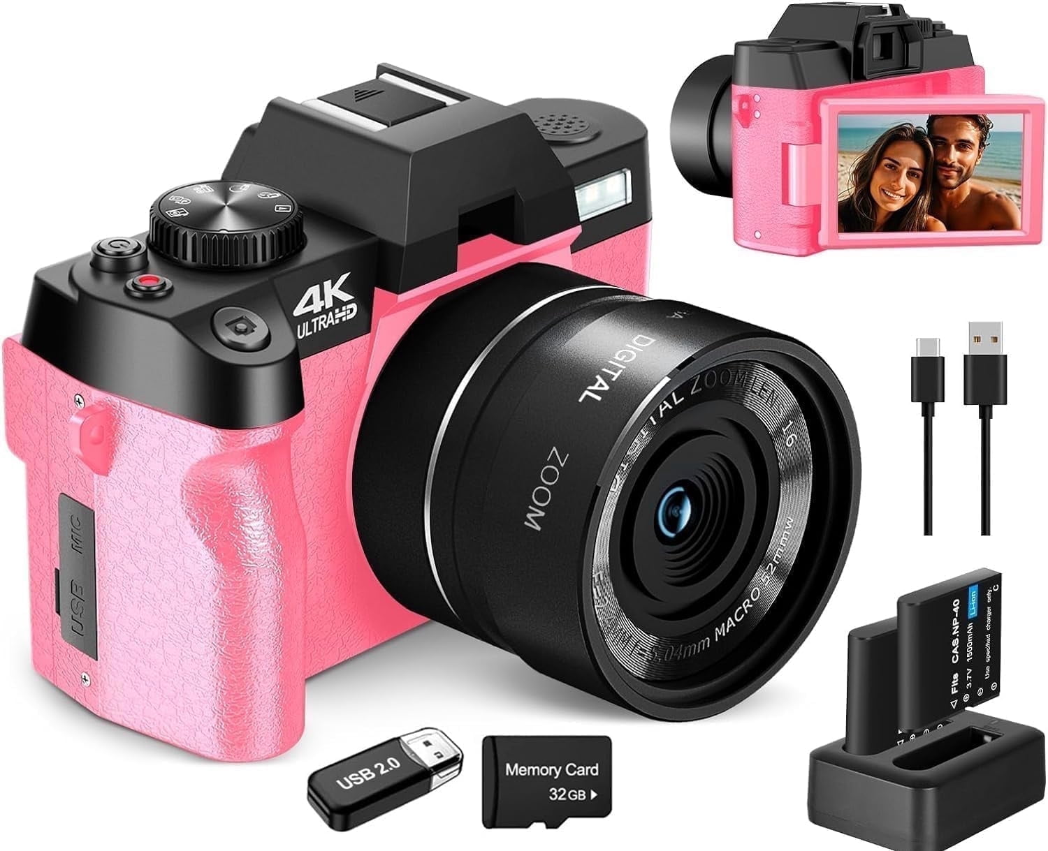 48MP Digital Camera for Photography, 4K Autofocus, WiFi & App Control,16X Zoom, Anti-Shake, 2 Batteries, 32GB Card,Pink