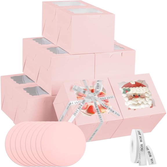 48PCS (24 Boxes &24 Boards) 8x8x5 Inches Pink Cake Boxes, Small Bento Cake Box, Mini Cake Boxes sets cake within 8'' Package for Pastries, Cupcakes, Birthday, Wedding(Pink8*8 * 5inch/24sets)