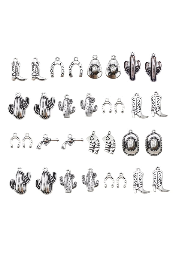 48PCS(24Pair) Silver Plated West Cowboy Charm Cowboy Hat Boot Charms Cactus Pendant Jewelry Necklace Bracelet Earrings DIY Making Accessories Crafts