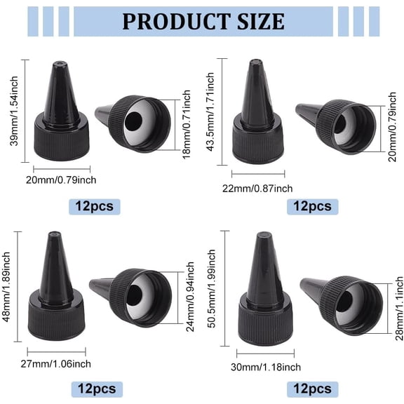 48PCS 4 Size Natural Twist Bottle Cap Black Squeeze Bottle Replacement Caps for Squeeze Dispensers Tip Applicator Bottle Squeeze Glue Bottle 12pcs/Size