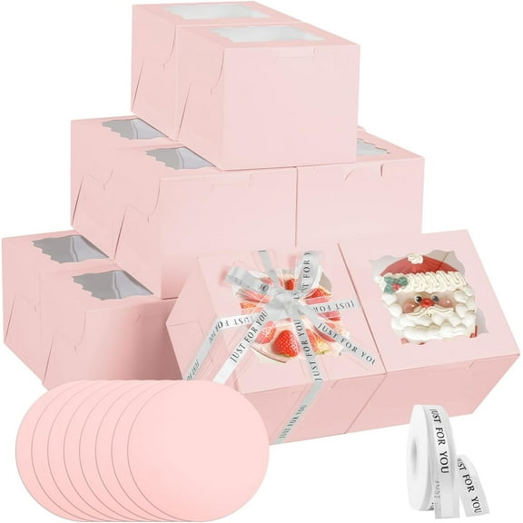 48PCS 6x6x5 Inches Cake Boxes,(24 Boxes &24 Boards) Pink Bakery Boxes with Window for Pastries,Cake Containers with Ribbon for Christmas Wedding Birthday Party (Pink/6 * 6 * 5inch/24pcs)